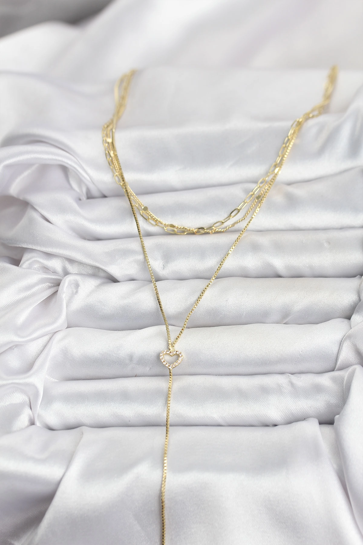 Pirinç Gold Renk Kalp Detaylı 3'lü Kombin Y Kadın Kolye