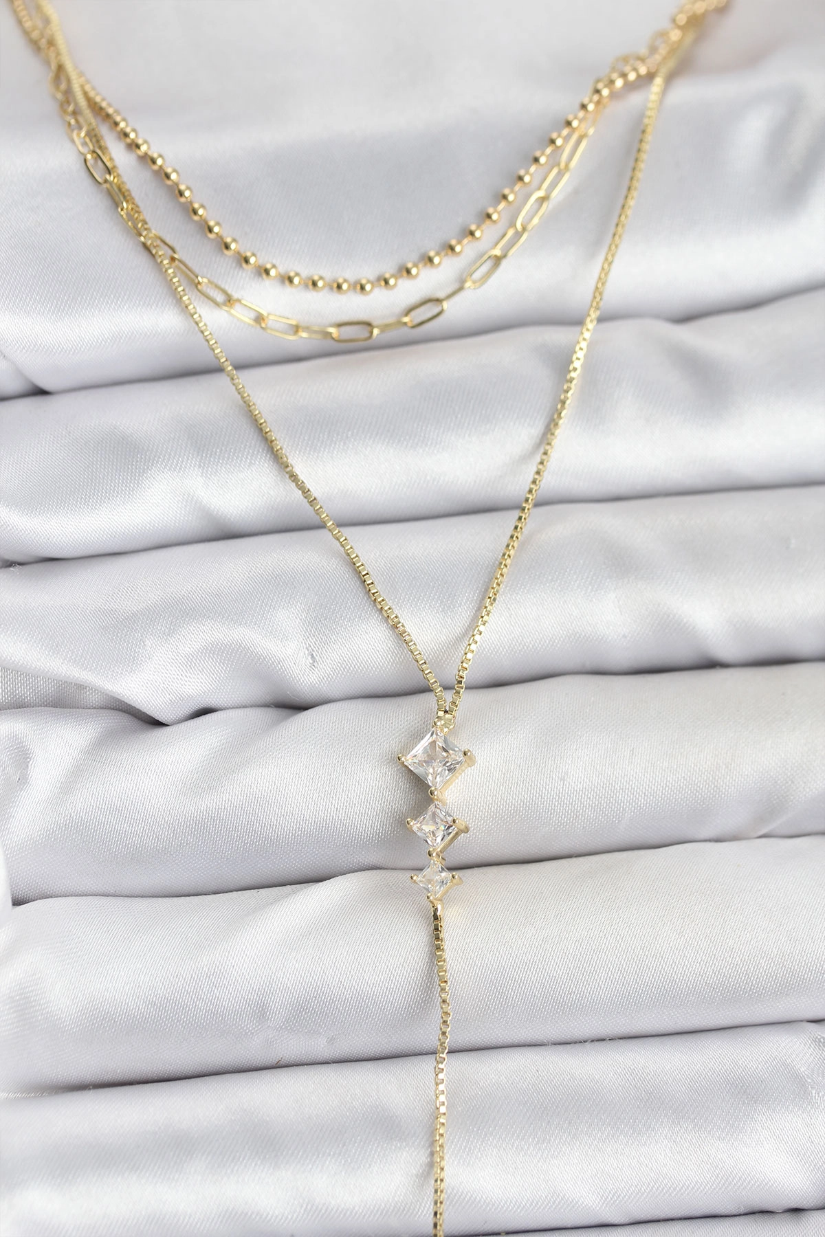 Pirinç Gold Renk Zirkon Taş Detaylı 3'lü Kombin Y Kadın Kolye