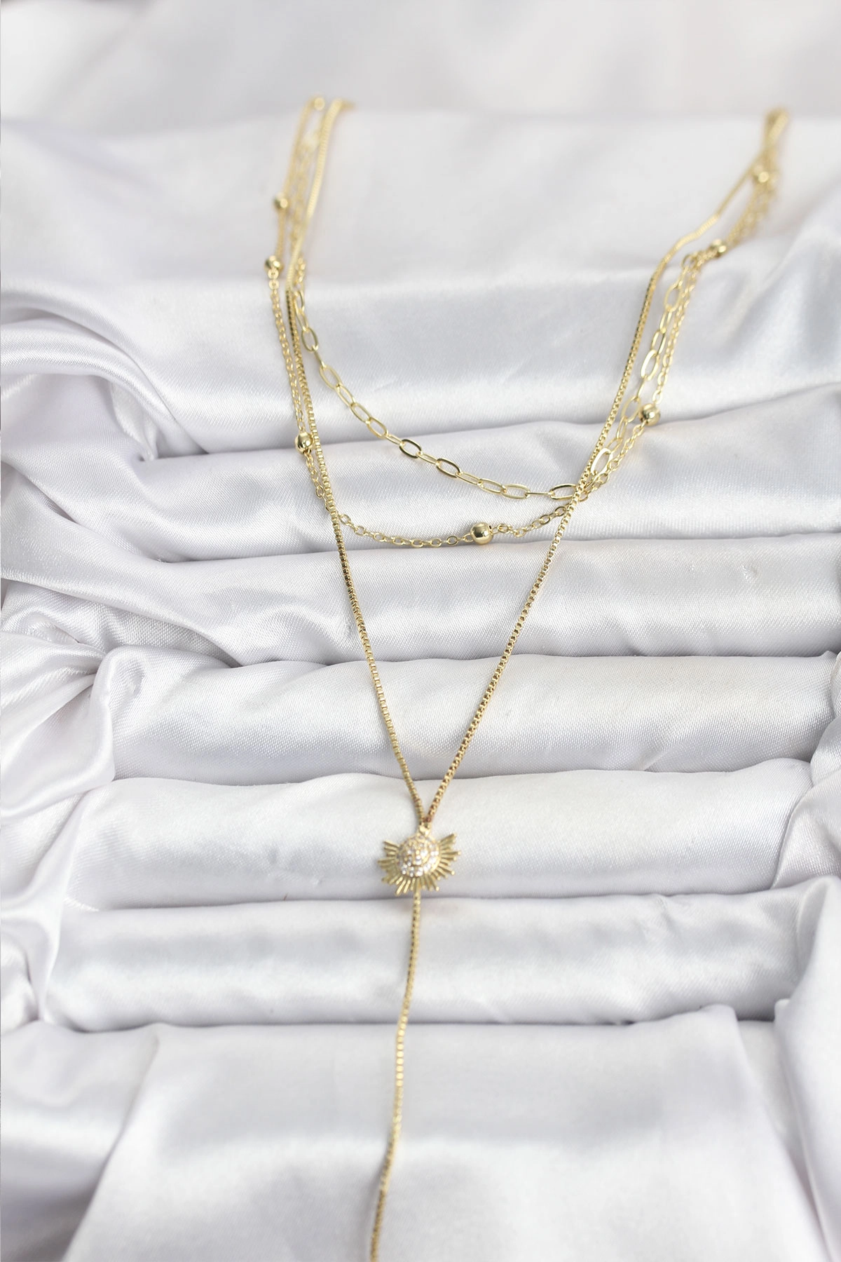 Pirinç Gold Renk Zirkon Taşlı Güneş Model Detaylı 3'lü Kombin Y Kadın Kolye