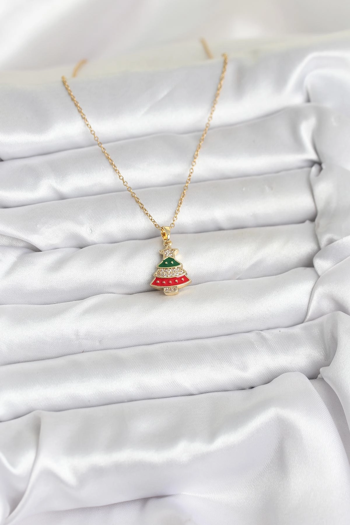 316L Çelik Zincir Gold Ren Çam Ağacı Model Zirkon Taşlı Yılbaşı Temalı Kadın Kolye