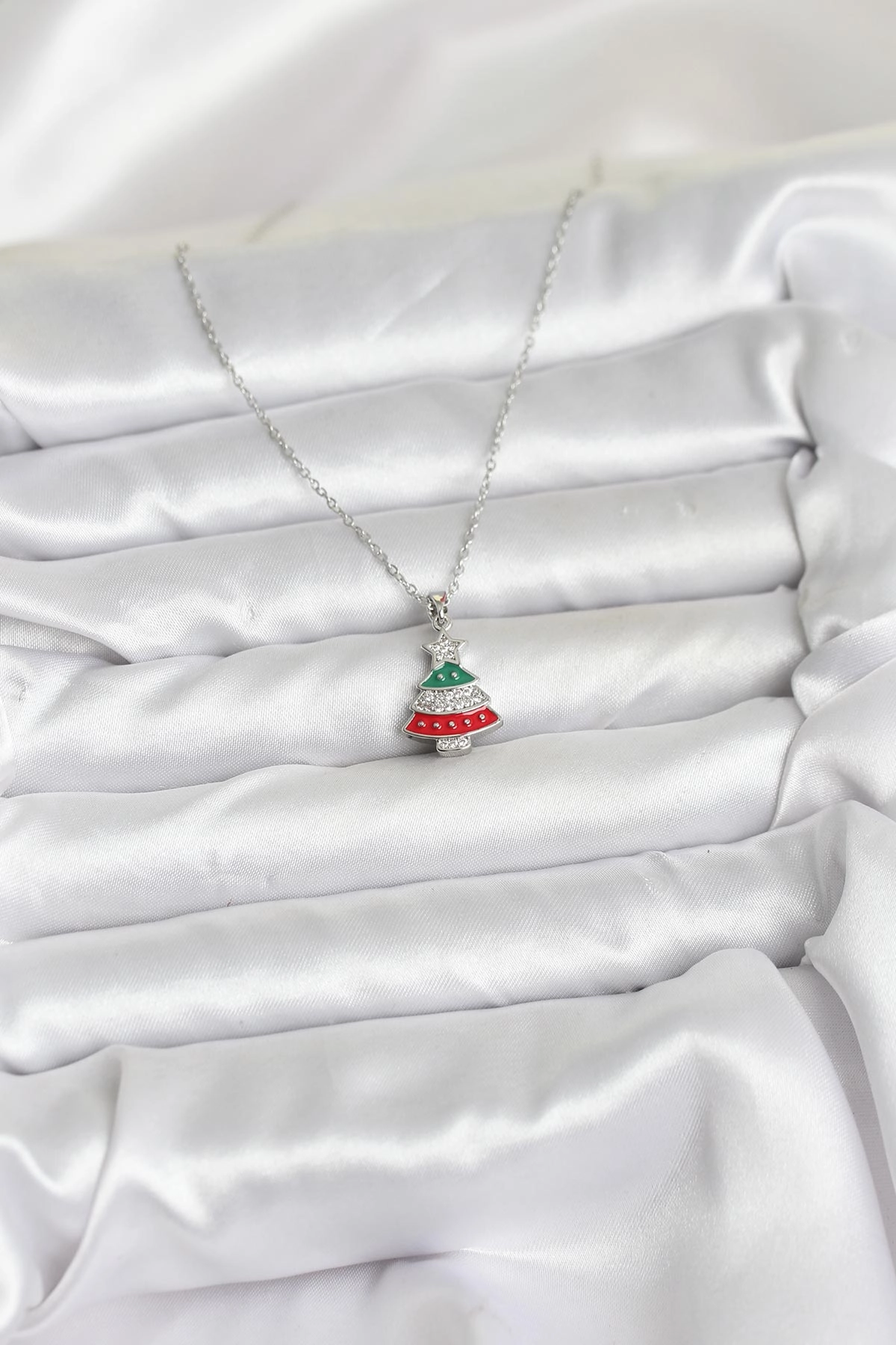 316L Çelik Zincir Gümüş Ren Çam Ağacı Model Zirkon Taşlı Yılbaşı Temalı Kadın Kolye