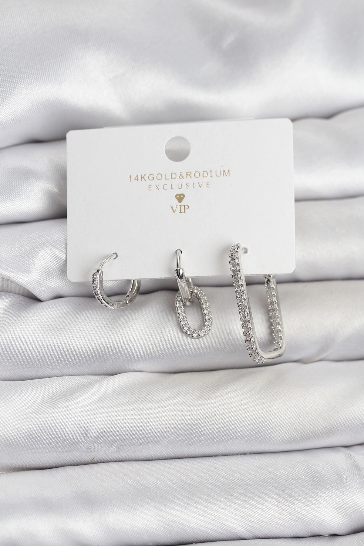 Gümüş Renk Zirkon Taşlı 3'lü Kadın Küpe Seti