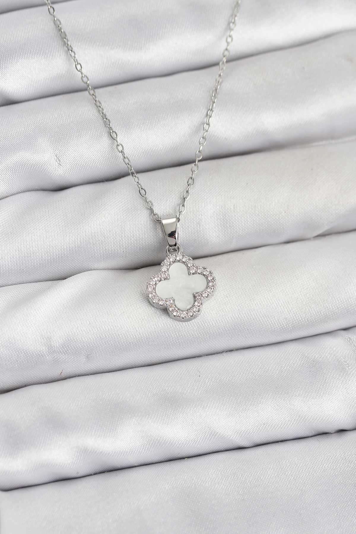 316L Çelik Zincir Gümüş Renk Sedefli Yonca Kadın Kolye