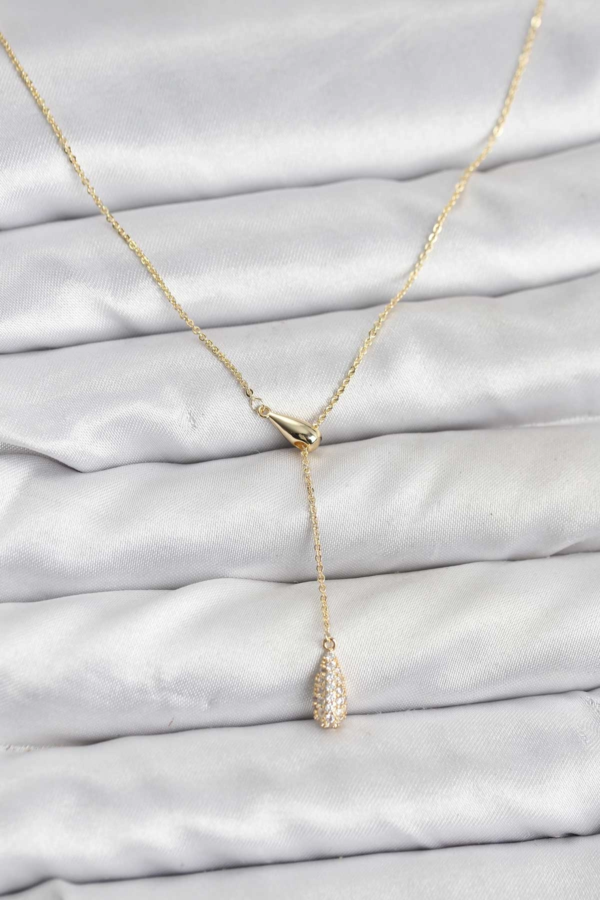 Pirinç Gold Renk Asansörlü Damla Model Kadın Kolye