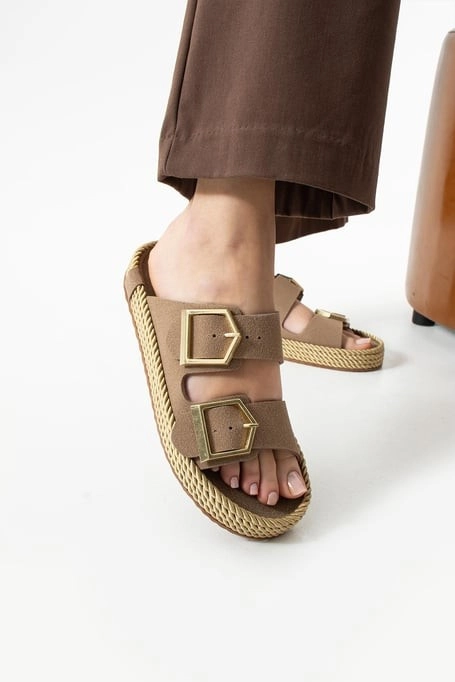 Loera Vizon Nubuk Çift Tokalı Terlik