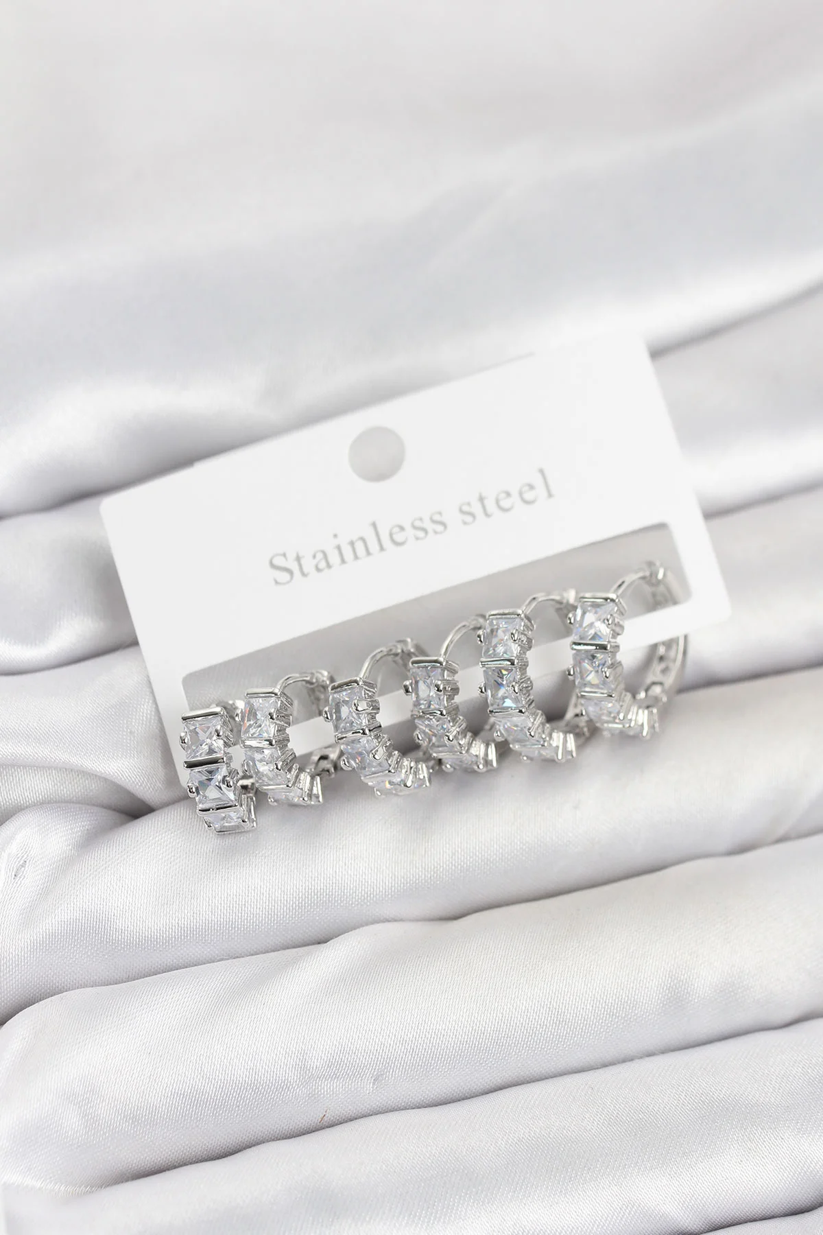 316L Çelik Gümüş Renk Baget Zirkon Taşlı Halka Küpe Seti