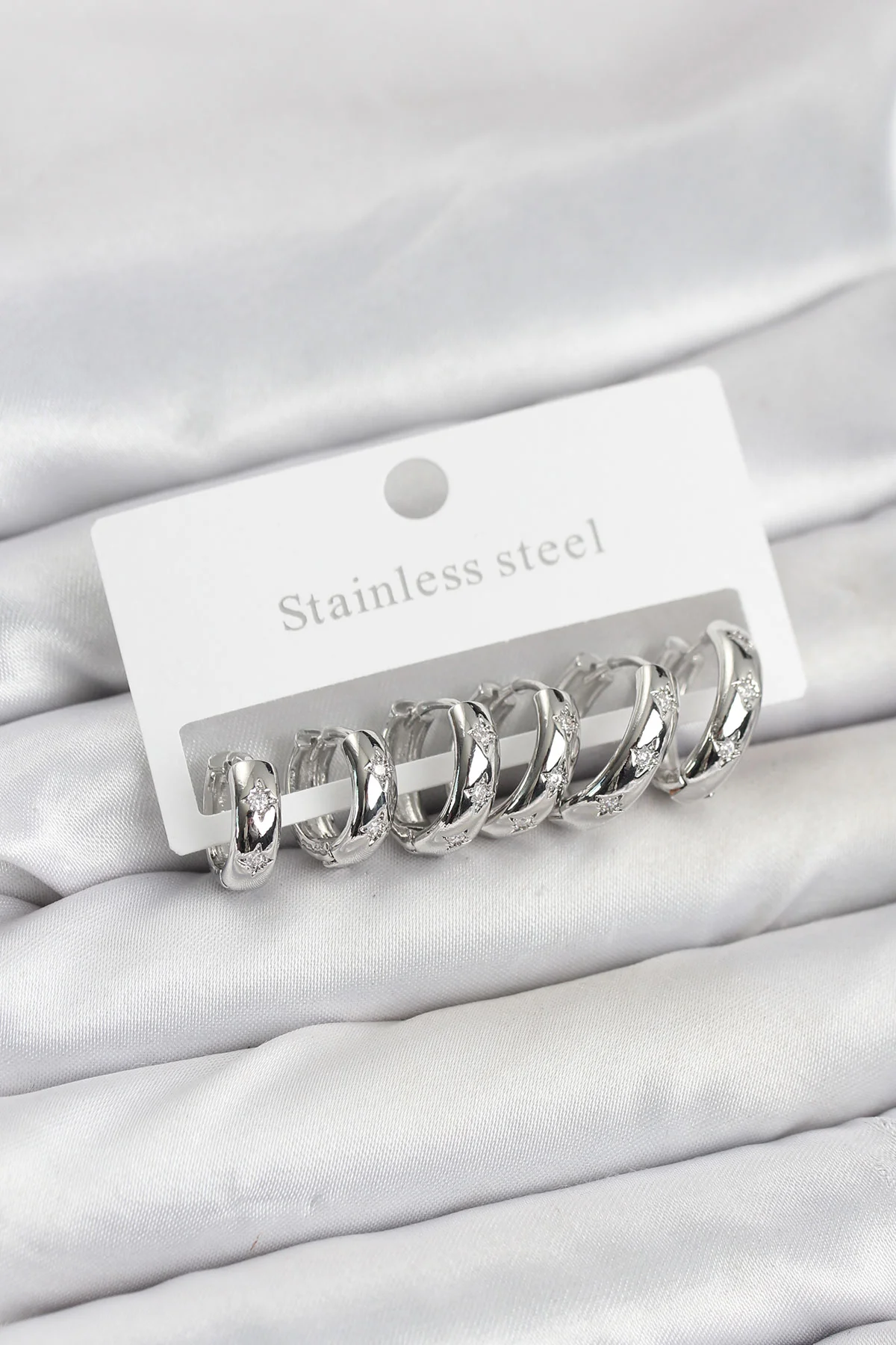 316L Çelik Gümüş Renk Zirkon Taşlı Kutup Yıldızı Model Halka Küpe Seti