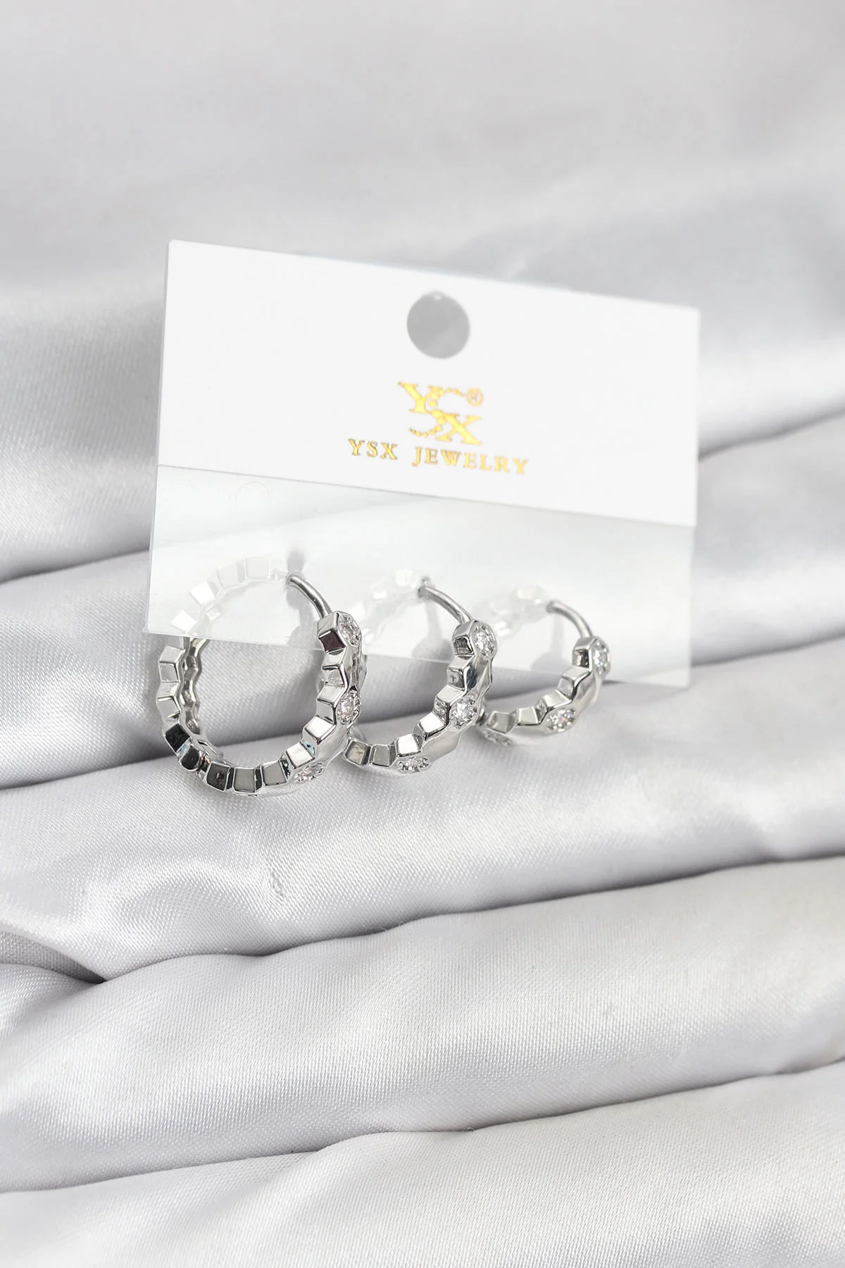 Pirinç Gümüş Renk Zirkon Taşlı Petek Halka Model YSX Trio Küpe Seti