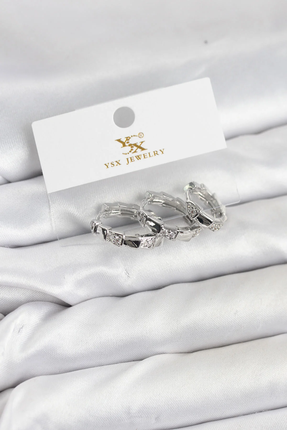 Pirinç Gümüş Renk Zirkon Taşlı Halka Yılan Model YSX Trio Küpe Seti