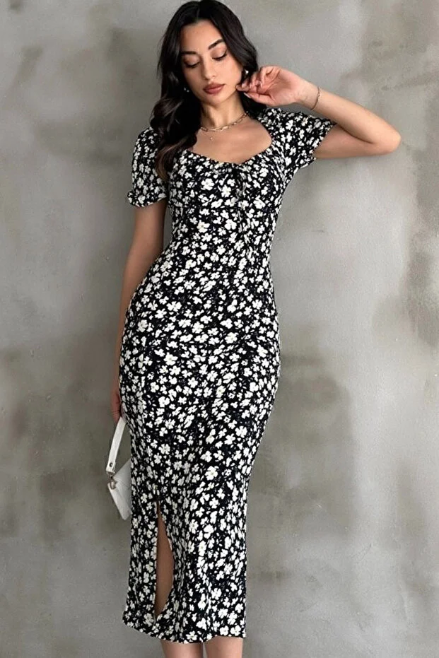 Papatya Desen Karpuz Kol Siyah Elbise