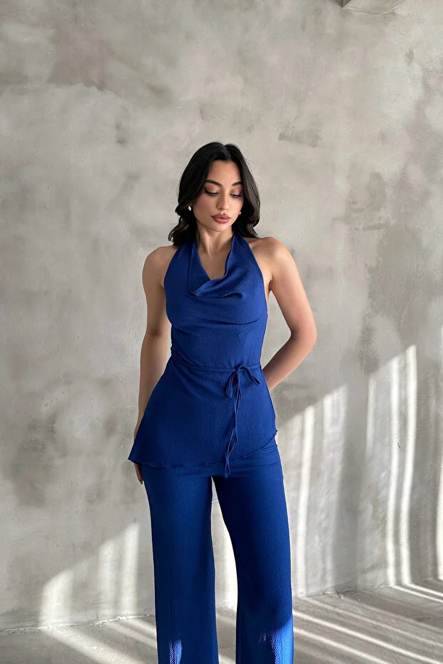 Kadın Saks Mavisi Degaje Yaka Bluz ve Pantolon İkili Takım