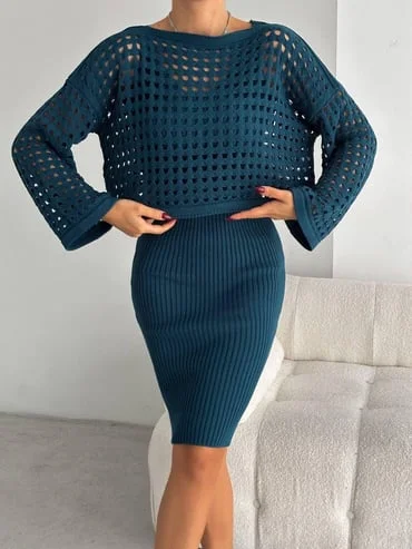 Kadın Delikli Kazak Askılı Elbise Triko Kumaş İkili Takım – Petrol
