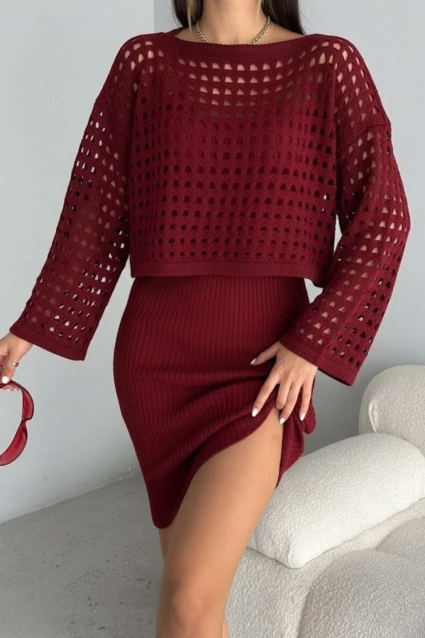 Kadın Delikli Kazak Askılı Elbise Triko Kumaş İkili Takım - Bordo