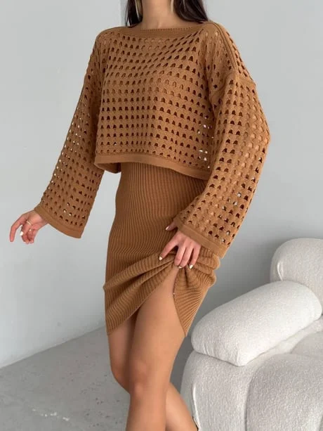 Kadın Delikli Kazak Askılı Elbise Triko Kumaş İkili Takım - Kahve