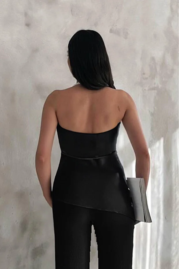 Kadın Siyah Degaje Yaka Bluz ve Pantolon İkili Takım