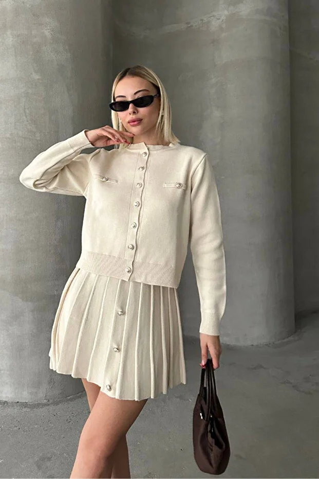 Kadın Triko Mini Etek Hırka Takım – Krem