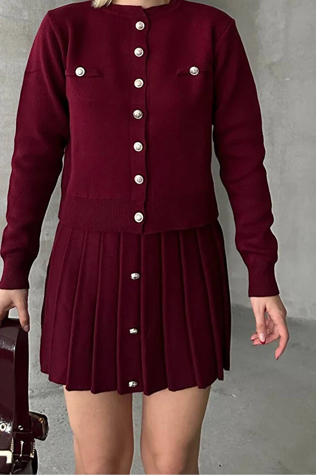 Kadın Triko Mini Etek Hırka Takım – Bordo