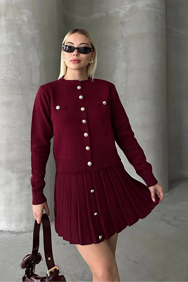 Kadın Triko Mini Etek Hırka Takım – Bordo