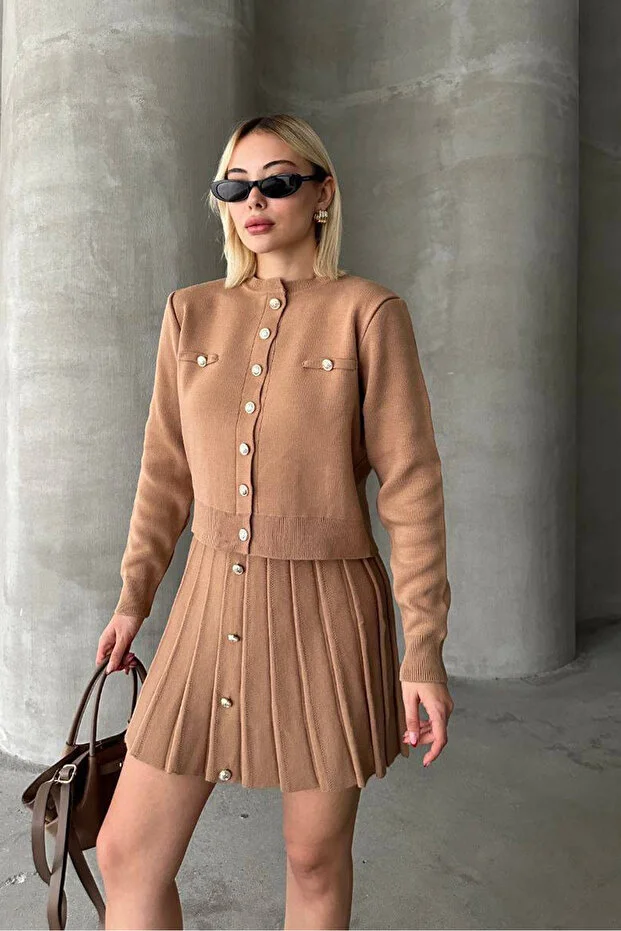 Kadın Triko Mini Etek Hırka Takım – Camel