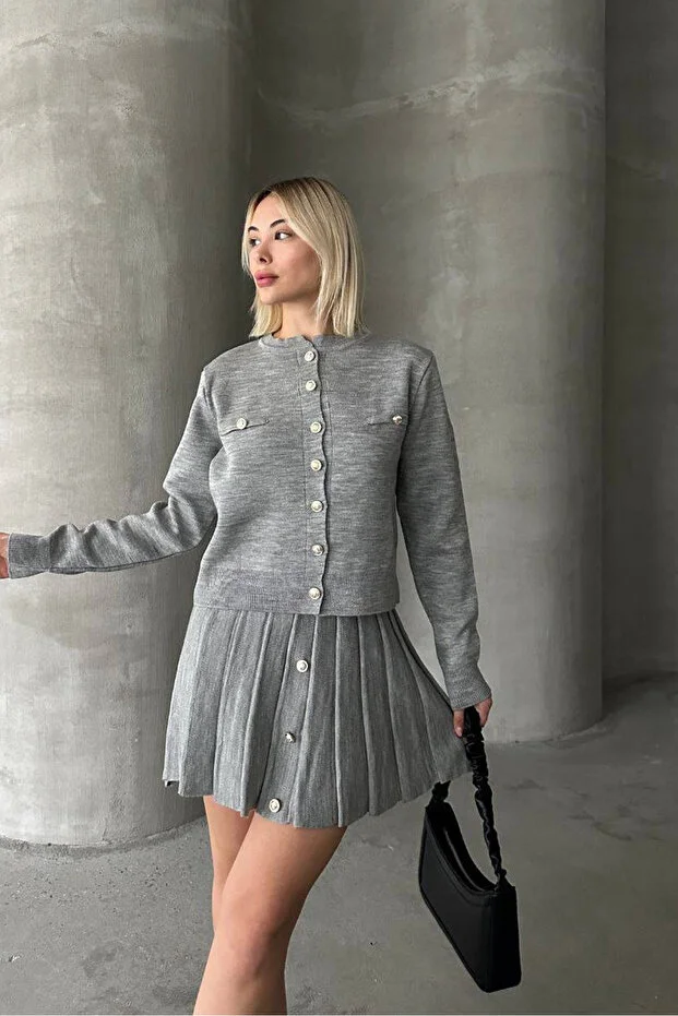 Kadın Triko Mini Etek Hırka Takım – Gri