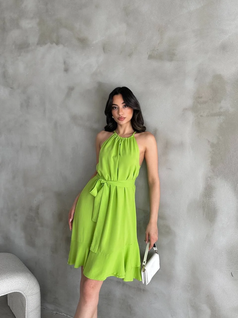 Kadın Yeşil Boyundan Ayarlamalı Kuşaklı Kloş Elbise