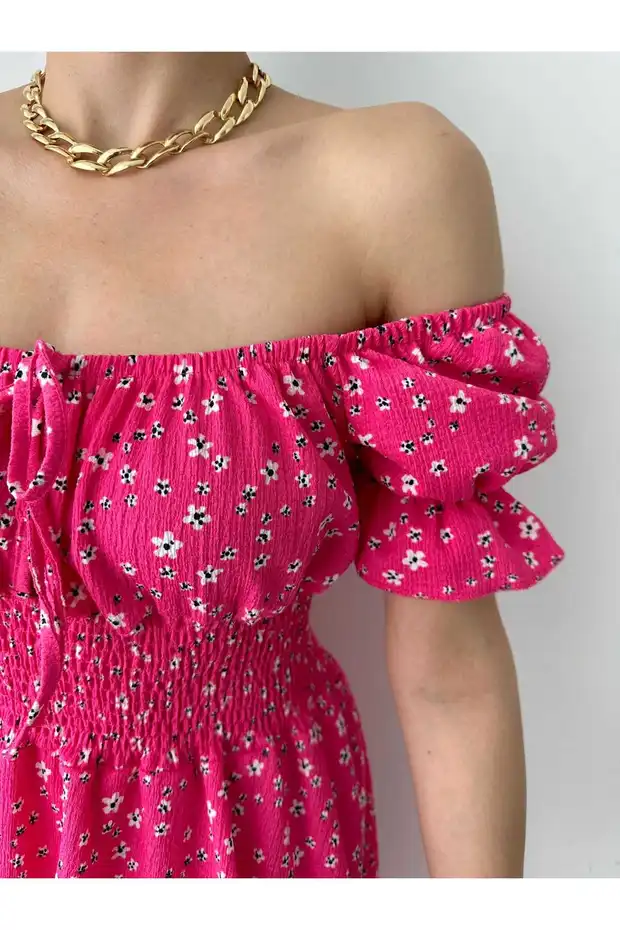 Kayık Yaka Gipeli Bürümcük Mini Elbise – Pembe