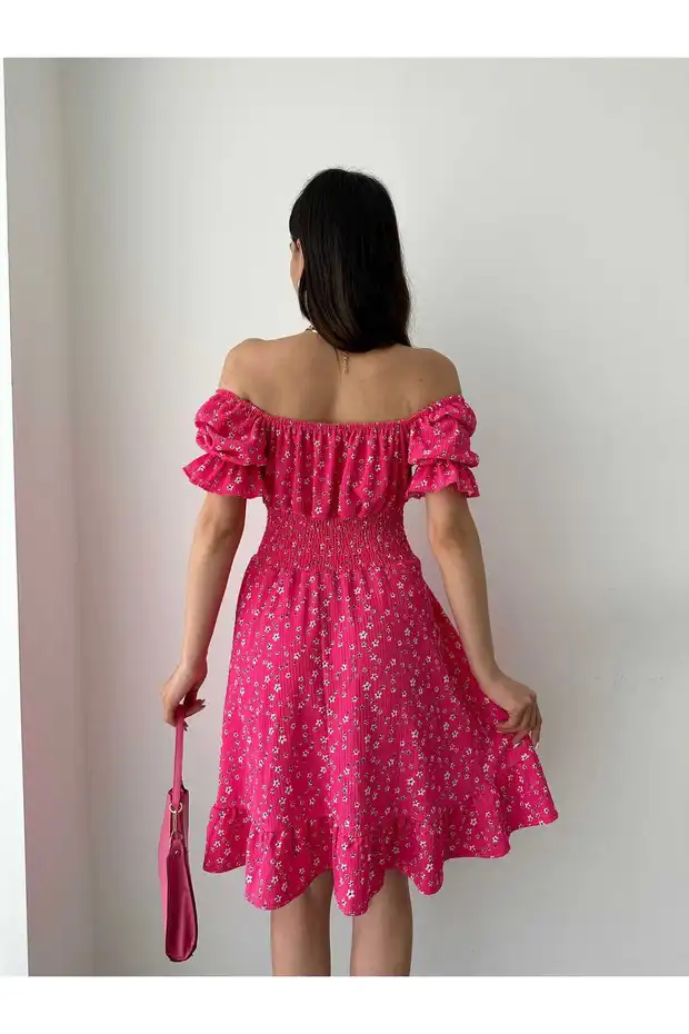 Kayık Yaka Gipeli Bürümcük Mini Elbise – Pembe