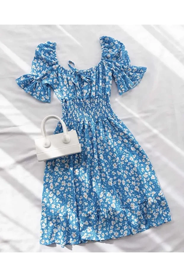 Çiçek Desenli Mini Kayık Yaka Elbise – Mavi