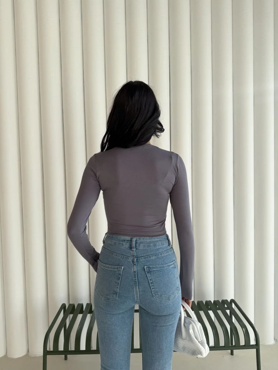 Kadın Kare Yaka Uzun Kol Bluz - Gri