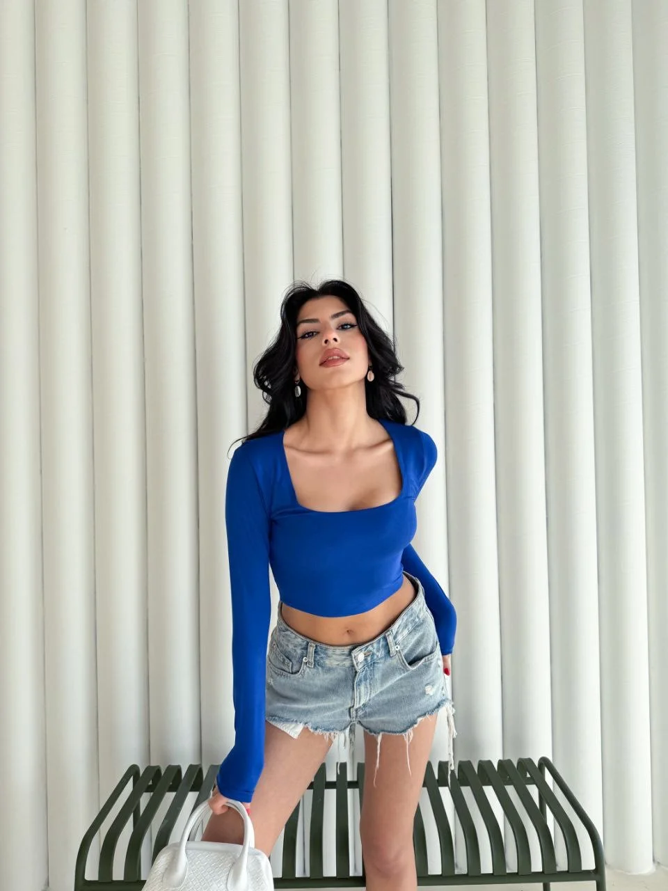 Kadın Kare Yaka Uzun Kol Bluz - Mavi