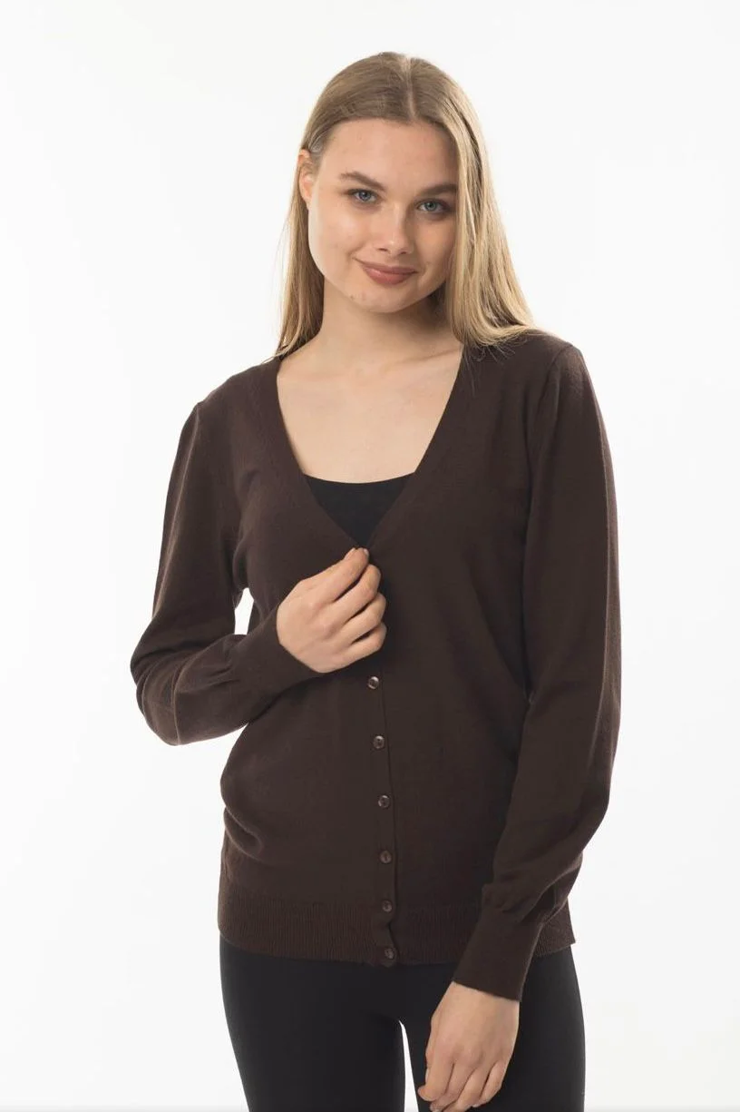 Kahverengi V Yaka Düğmeli Basic Triko Kadın Hırka