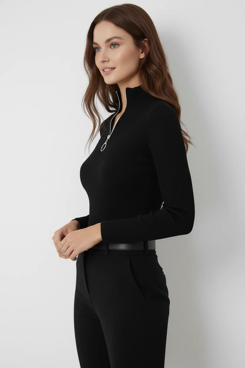Kaşkorse Fermuarlı Yarım Balıkçı Yaka Bluz - Siyah
