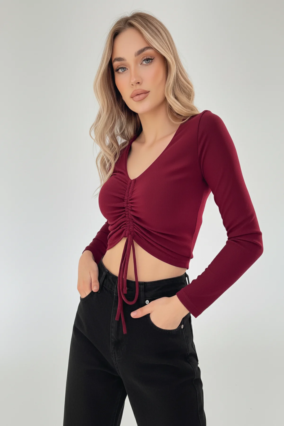 Kaşkorse Büzgülü Crop Bluz - Bordo
