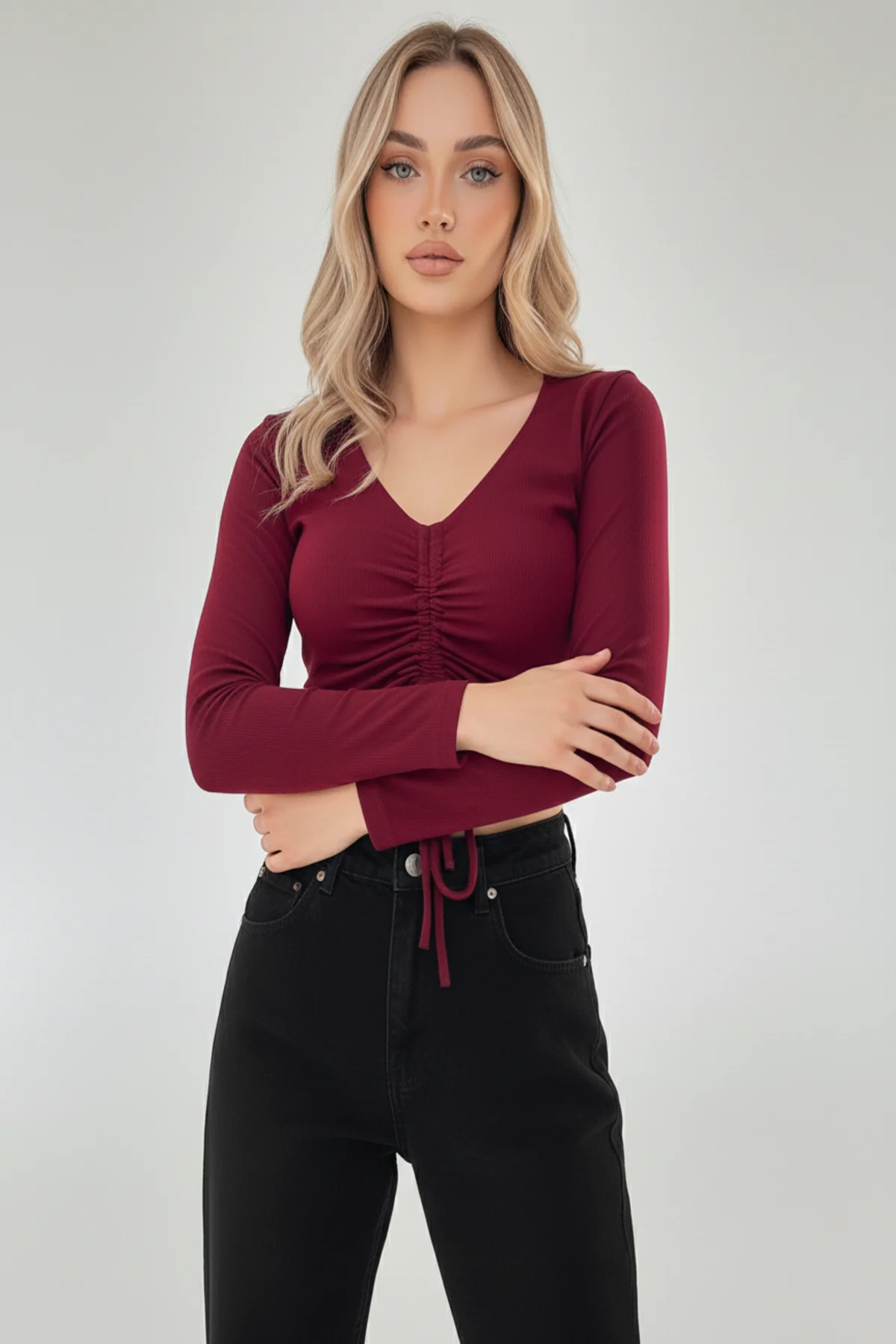 Kaşkorse Büzgülü Crop Bluz - Bordo