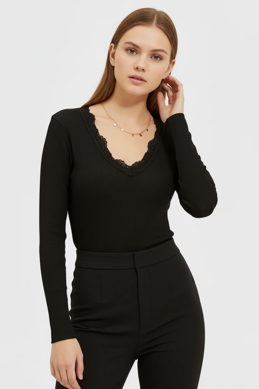 Önü ve Arkası V Yaka Dantel Detaylı Kaşkorse Pamuklu Uzun Kollu Bluz - Siyah