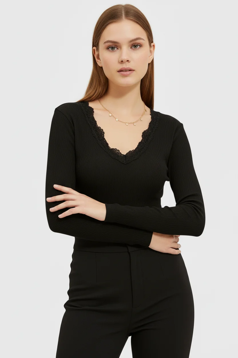 Önü ve Arkası V Yaka Dantel Detaylı Kaşkorse Pamuklu Uzun Kollu Bluz - Siyah