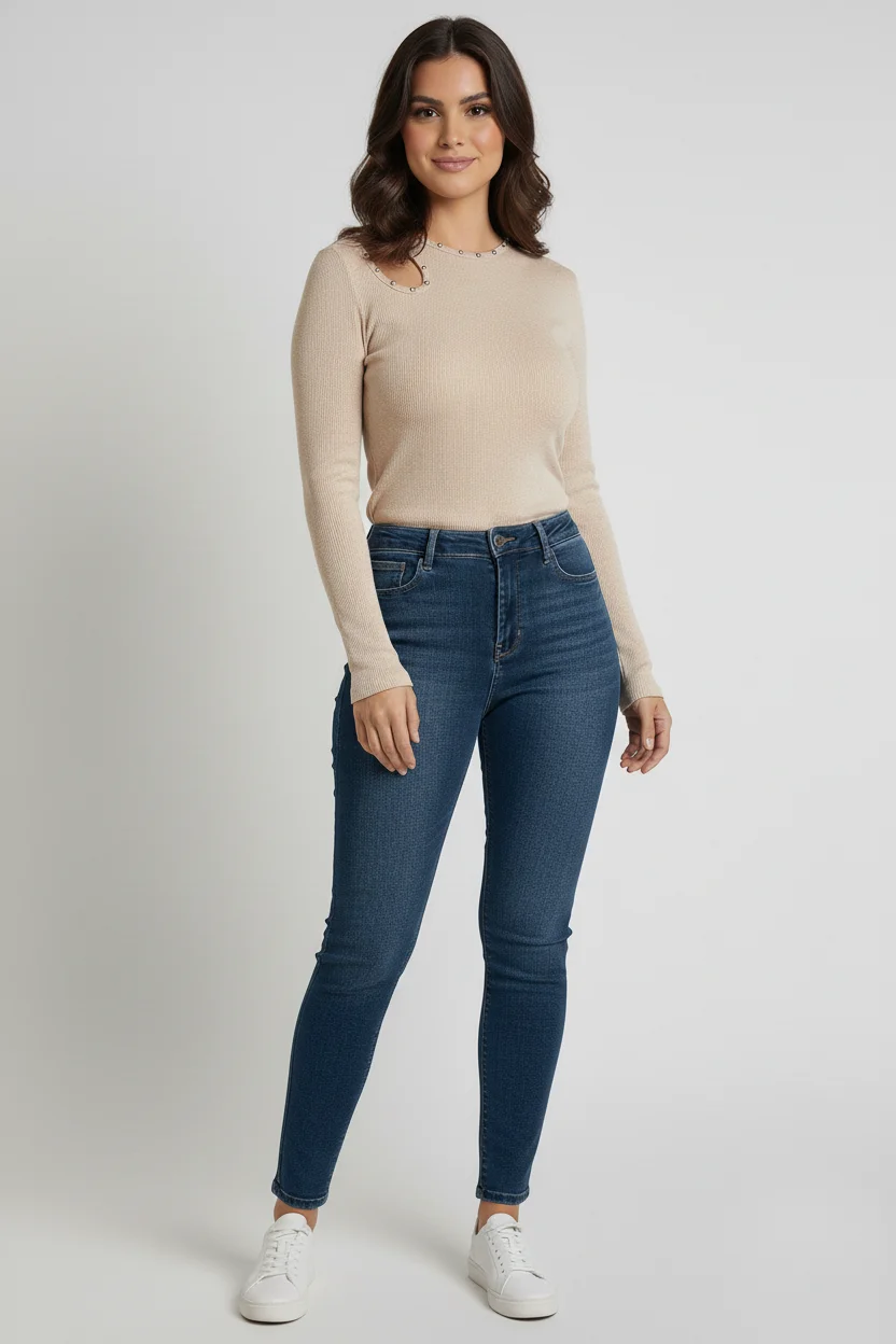 Bisiklet Yaka Cut Out kesimli Taşlı Fitilli Kaşkorse Bluz - Krem