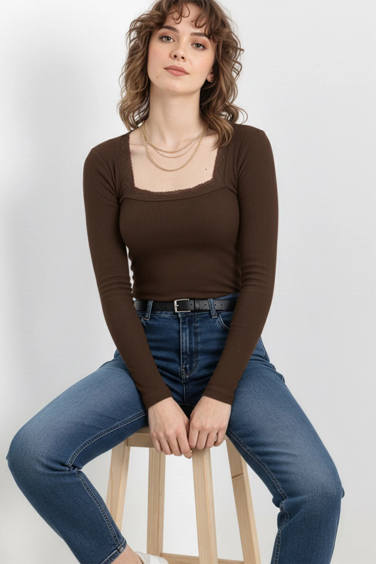 Kare Yaka Dantelli Kaşkorse Bluz - Kahverengi