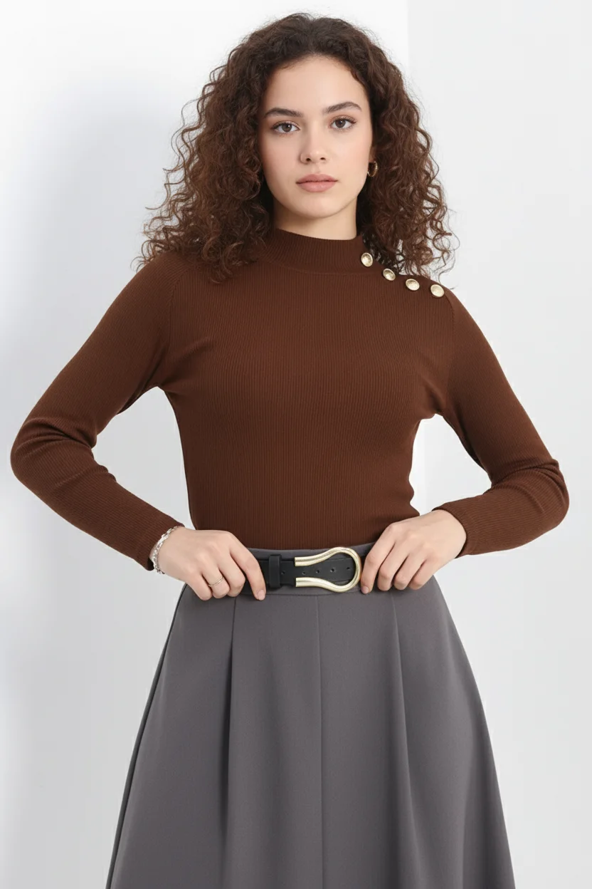 Gold Düğmeli Balıkçı Yaka Fitilli Kaşkorse Bluz -  Açık Kahve