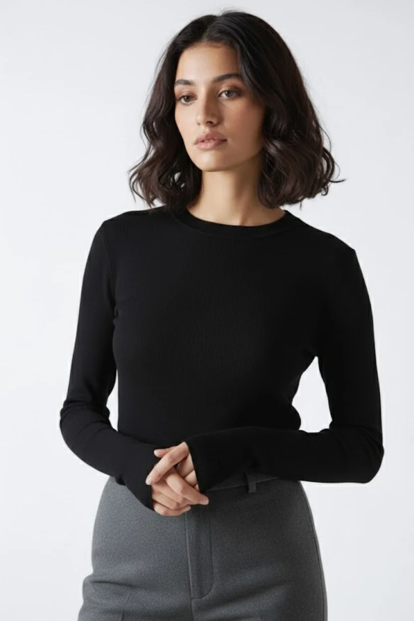 Bisiklet Yaka Parmak Geçmeli Viskon Body - Siyah