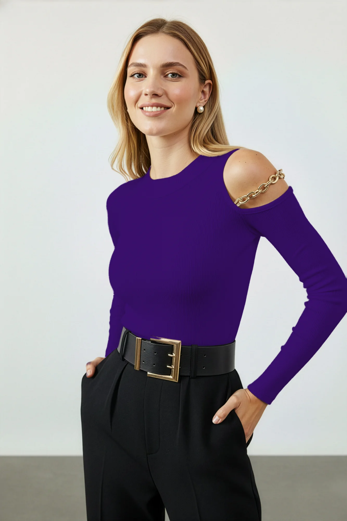 Omuz Dekolteli Zincir Detaylı Kaşkorse Bluz - Mor