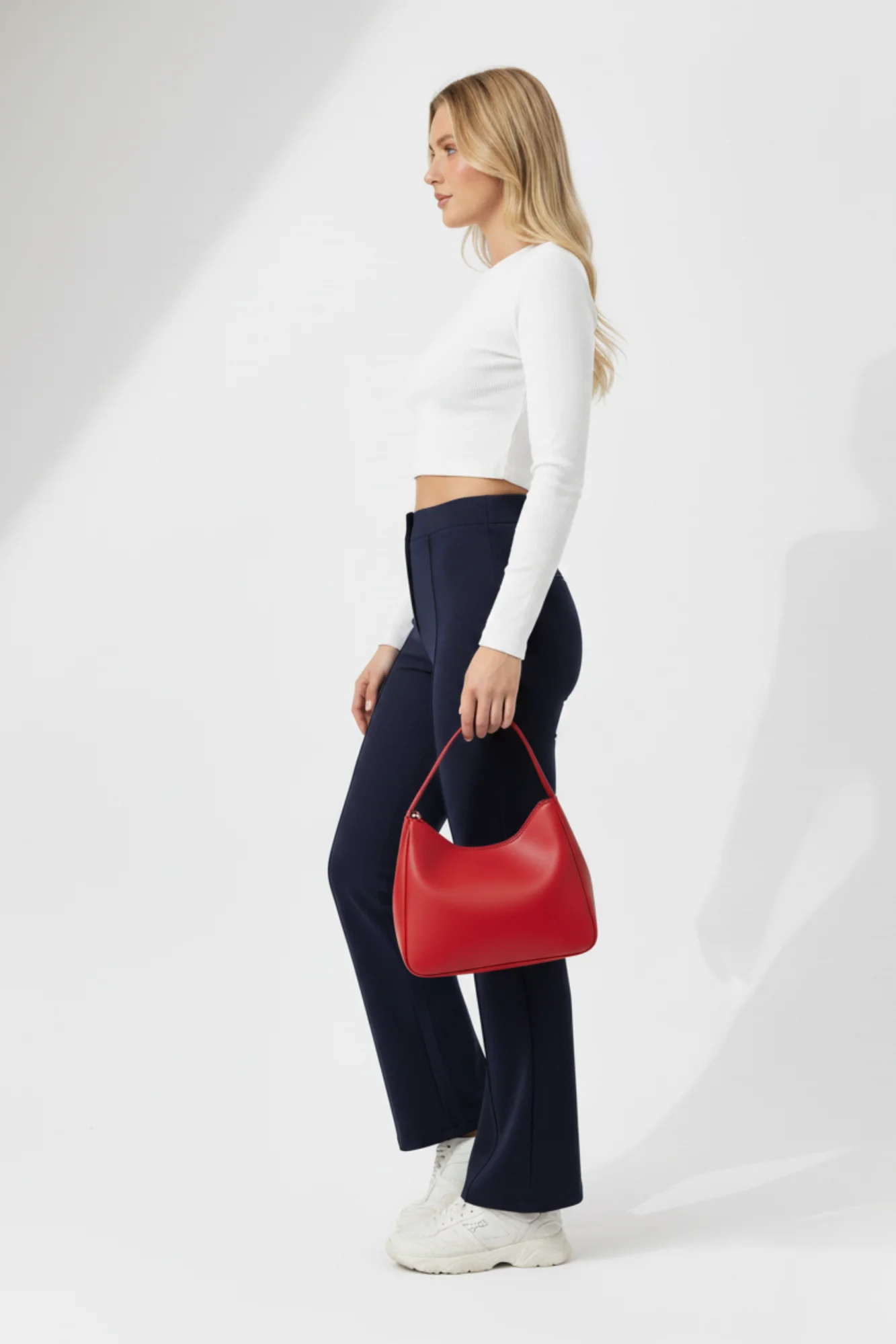 Kadın Yüksek Bel Toparlayıcı Çıma Detaylı Scuba Krep Palazzo İspanyol Paça Pantolon - Lacivert