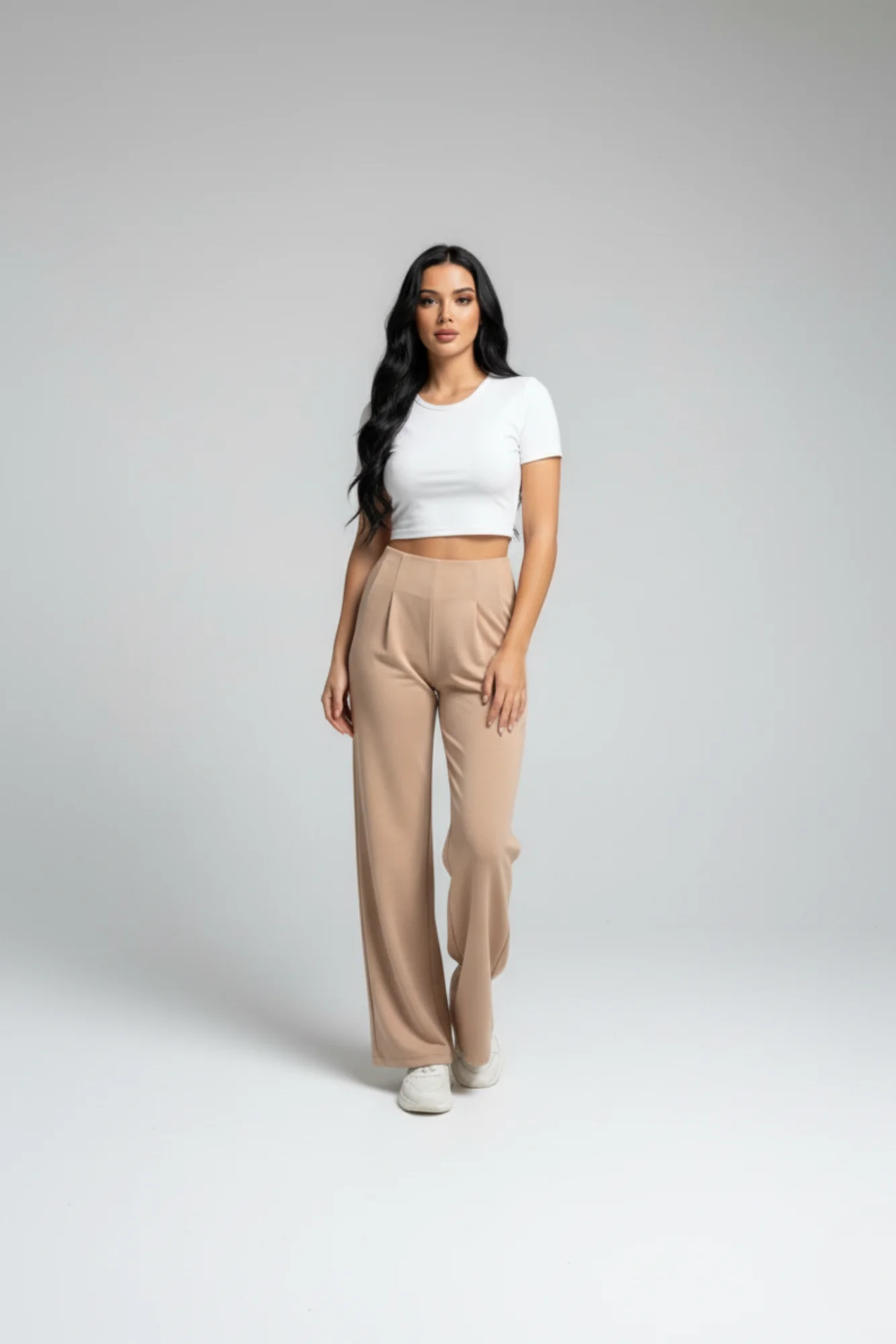 Kadın Yüksek Bel Pensli Bol Paça Krep Palazzo Pantolon – Bej