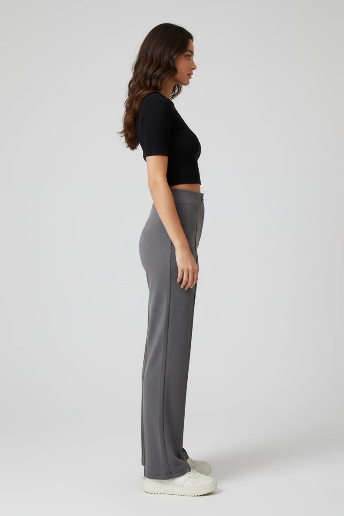 Kadın Yüksek Bel Toparlayıcı Çıma Detaylı Scuba Krep Palazzo İspanyol Paça Pantolon – Gri