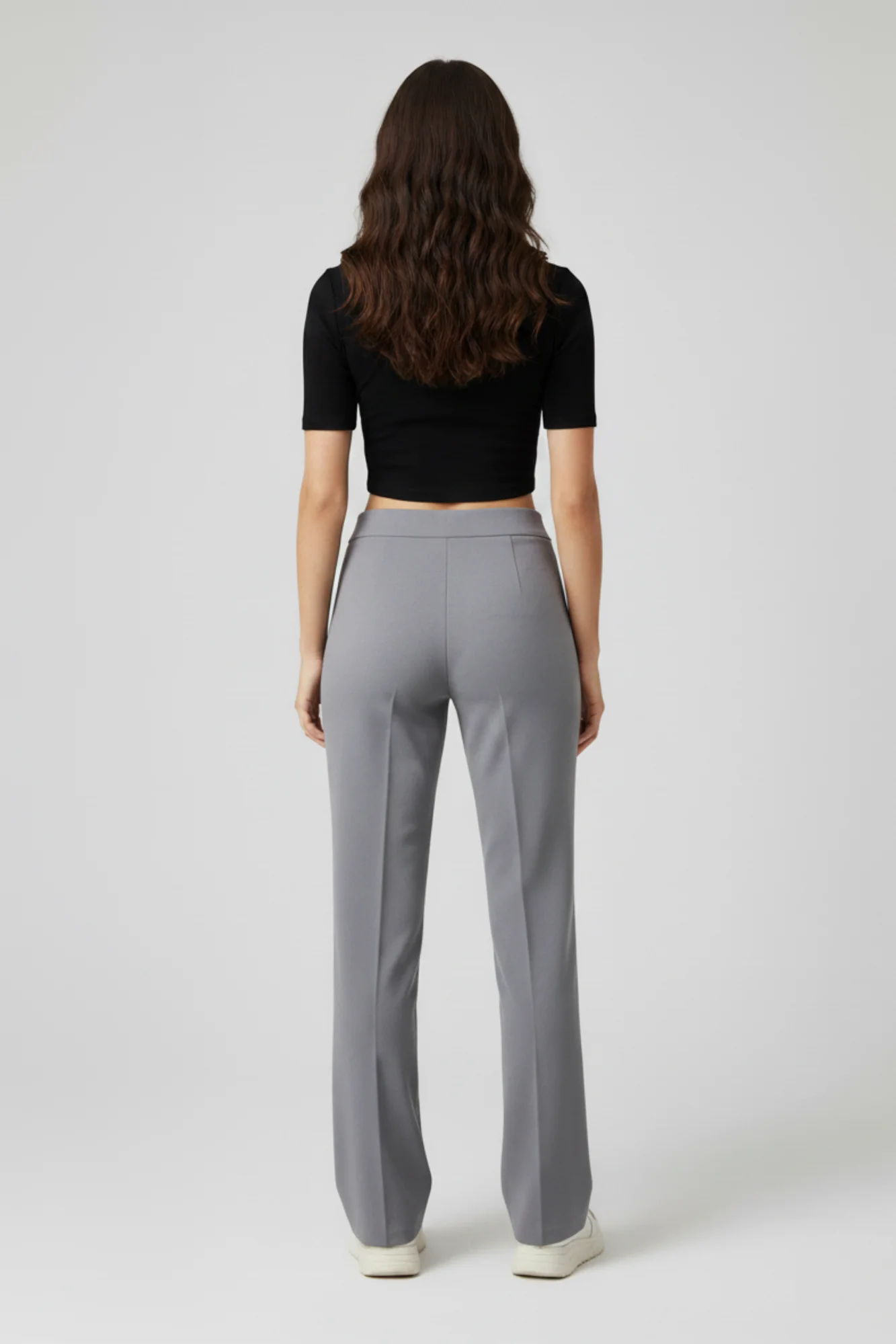 Kadın Yüksek Bel Toparlayıcı Çıma Detaylı Scuba Krep Palazzo İspanyol Paça Pantolon – Gri