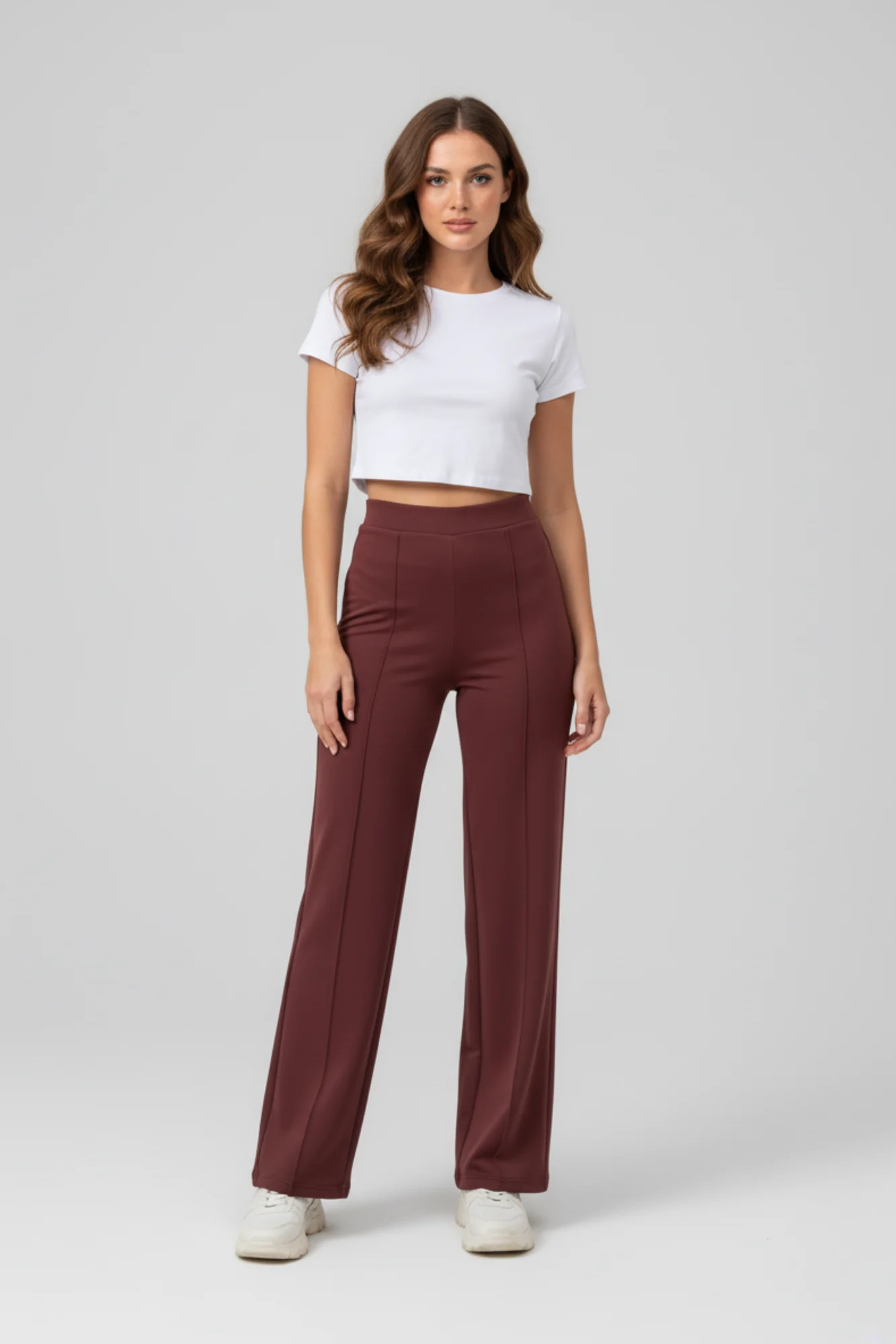 Kadın Modal Çımalı Yüksek Bel Beli Lastikli Bol Paça Pantolon - Kiremit