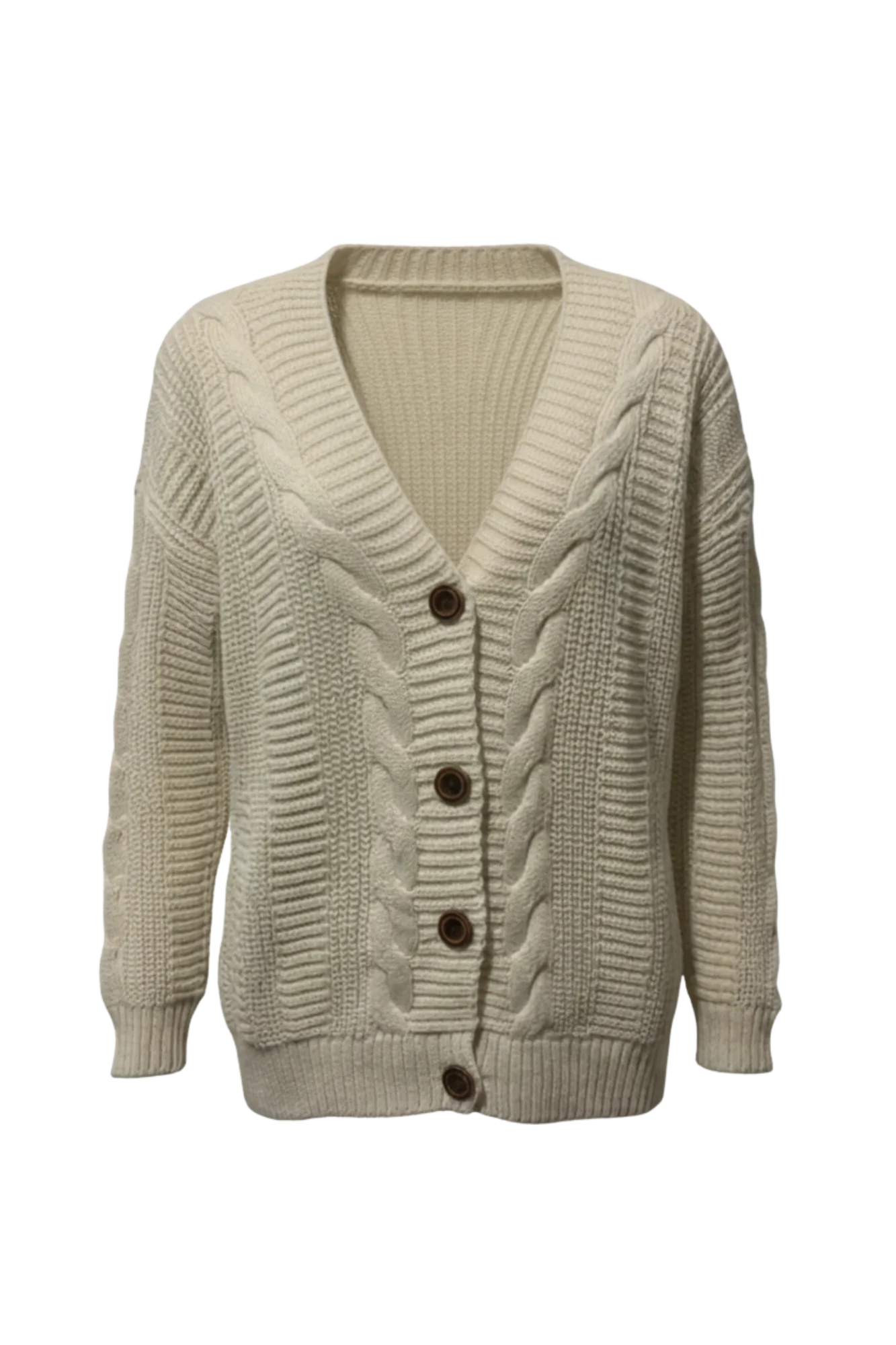 Kadın Krem Düğmeli Kısa Triko Hırka – Burgulu Örgü Desenli