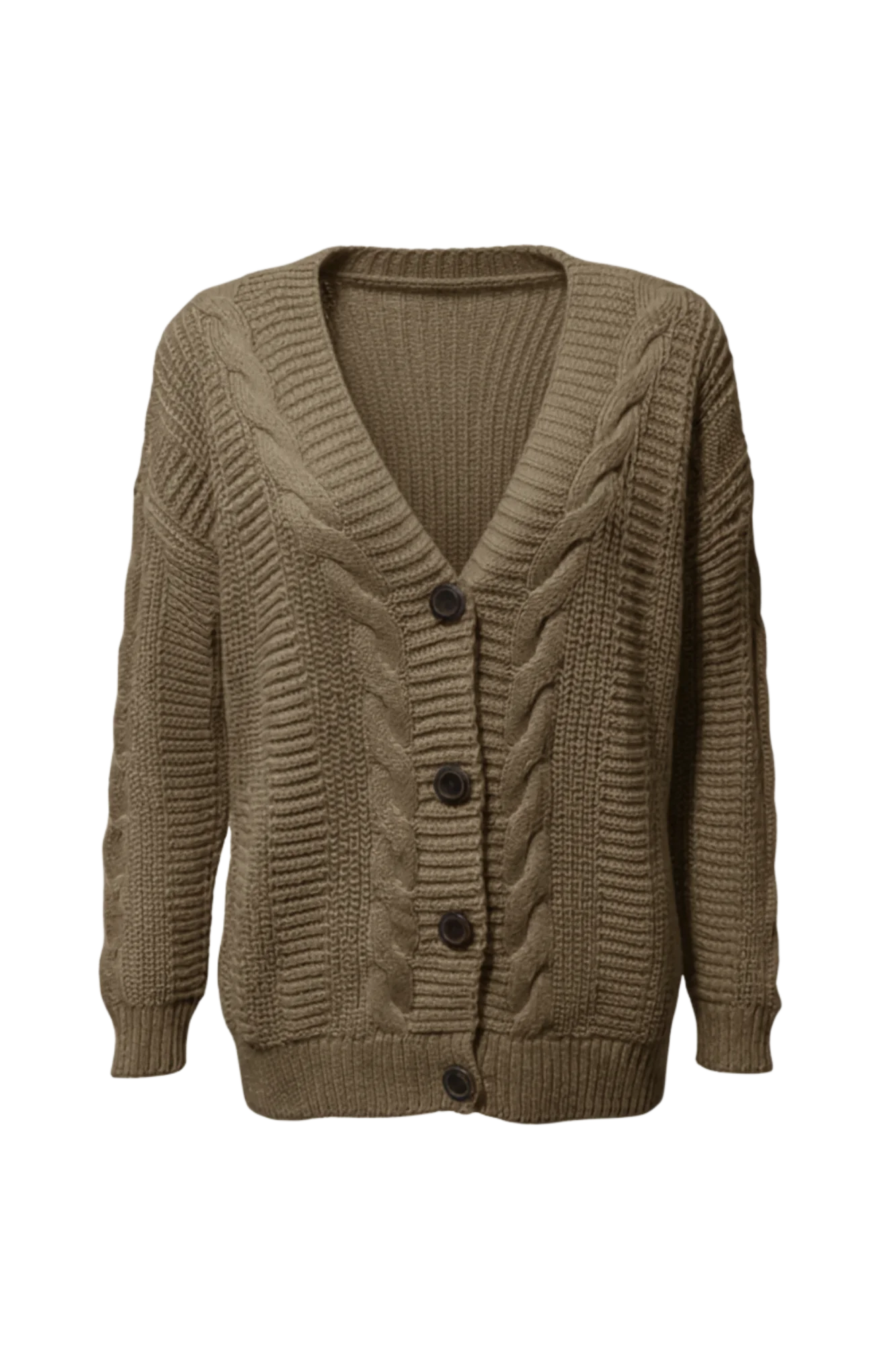 Kadın Kahve Düğmeli Kısa Triko Hırka – Burgulu Örgü Desenli