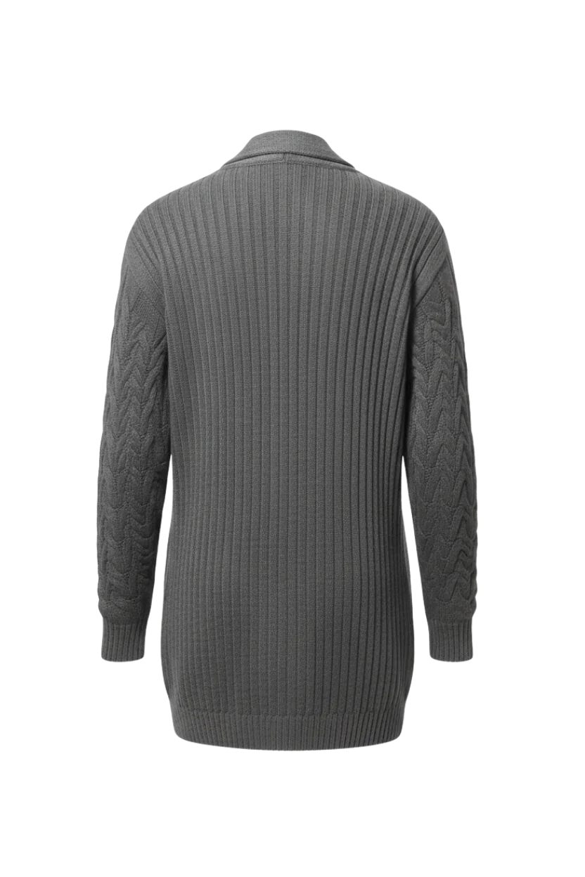 Kadın Gri Uzun Oversize Triko Hırka – Burgulu Örgü Desenli