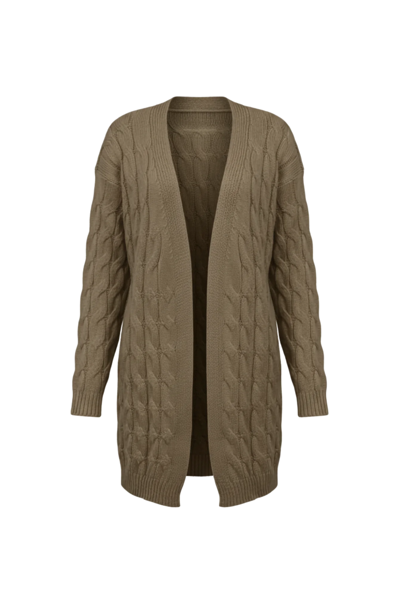 Kadın Kahve Uzun Oversize Triko Hırka – Burgulu Örgü Desenli